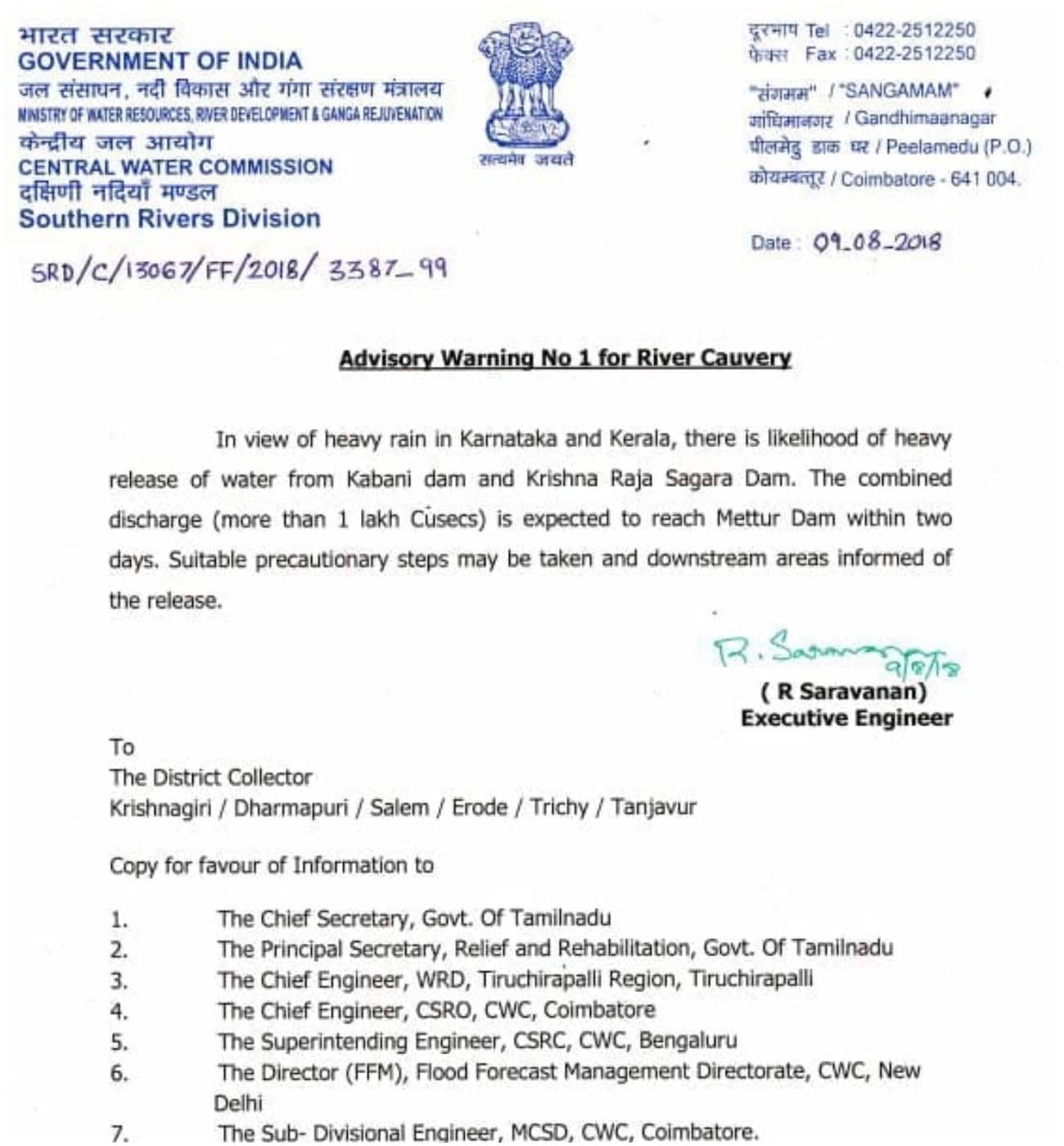 advisory for the reservoirs in kerala and tamilnadu