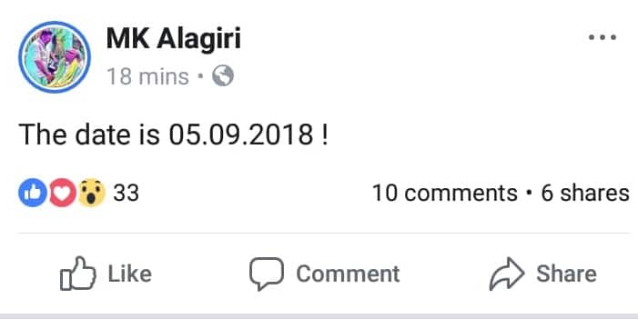 MK Azhagiri's Facebook Status