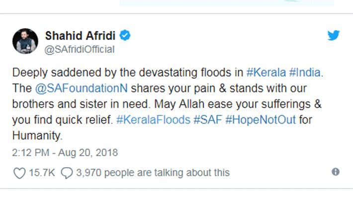 Former Pakistani captain Shahid Afridi offers support to Kerala flood