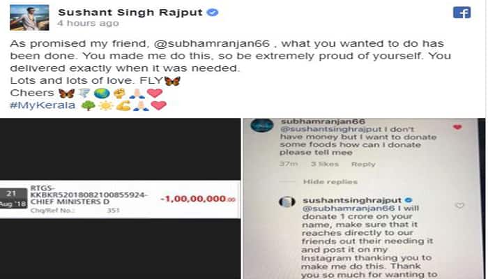 sushant singh rajput donates 1 crore on behalf of a netizen who wanted to help flood victims in kerala