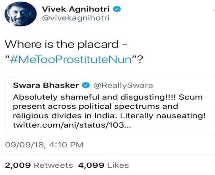 Swara Bhasker complaint against filmmaker Vivek Agnihotri gets his Twitter account locked