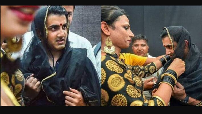 Gautam Gambhir Dresses as a Woman Puts Bindi and Dupatta Over Head at event Gautam Gambhir Dresses as a Woman Puts Bindi and Dupatta Over Head at event