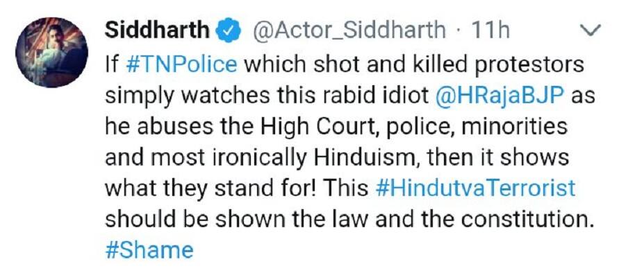 actor siddarth  tweet about h.raja