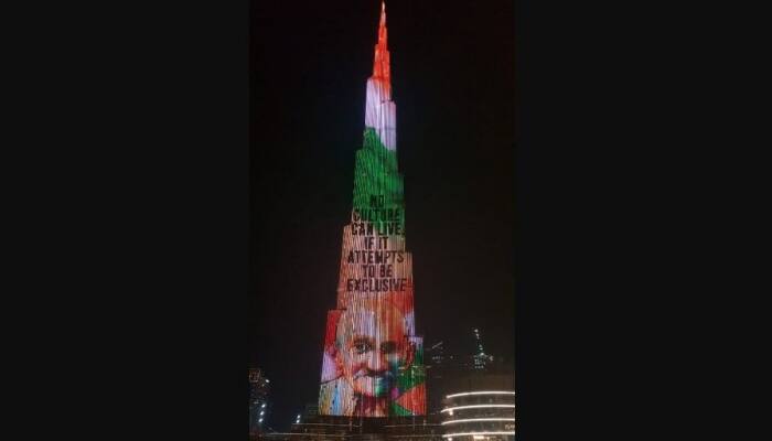 Burj Khalifa tribute Bapu Gandhi Jayanti lights up photos  Mahatma Dubai