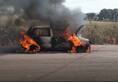 burning car on road madhya pradesh raisen