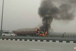 burning truck on highway in sonipat haryana