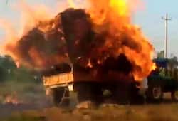 Tractor catches fire in Balgalkot, driver saves villagers around