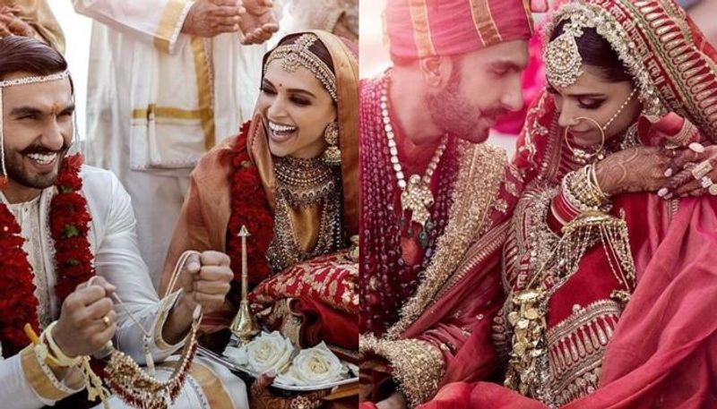 Deepika Padukone is seen donning a red Kanjeevaram saree by Sabyasachi Mukherjee pairing it with heavy bridal jewellery- necklaces, earrings and mathapatti.