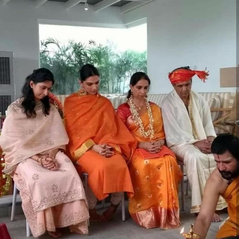 Deepika rocking a gorgeous saffron kurta with heavy gold jewellery for a pre-wedding function.