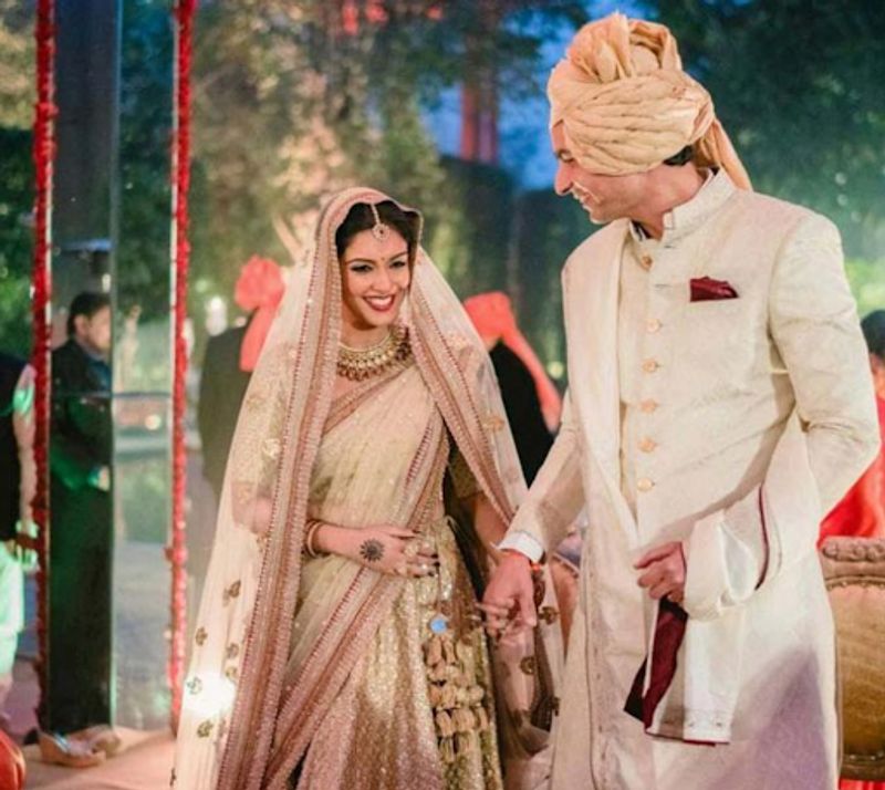 The South Indian beauty chose a golden and beige Sabyasachi lehenga with a hint of maroon on the heavy border for her nuptials with Micromax CEO Rahul Sharma.