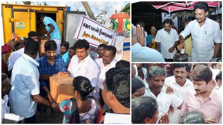 udayanidhi stalin and anbil magesh went together to meet gaja affected people udayanidhi stalin and anbil magesh went together to meet gaja affected people