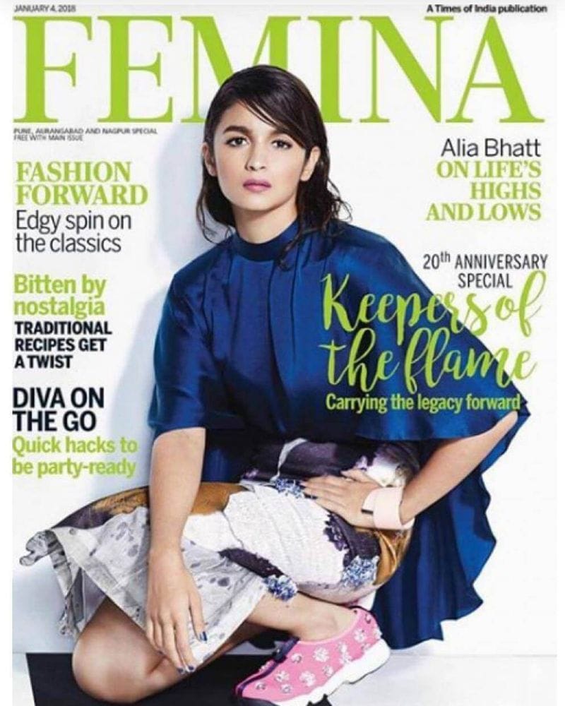 Alia Bhatt posed on the cover of Femina in a multi-colored skirt and blue top.