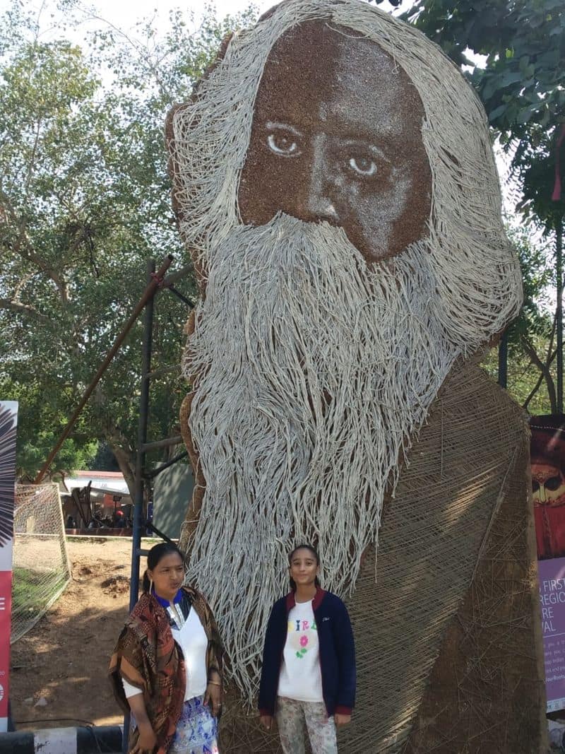 Life-size art of Rabindranath Tagore at the venue set the tone for the talk on the Great Minds of Bengal.