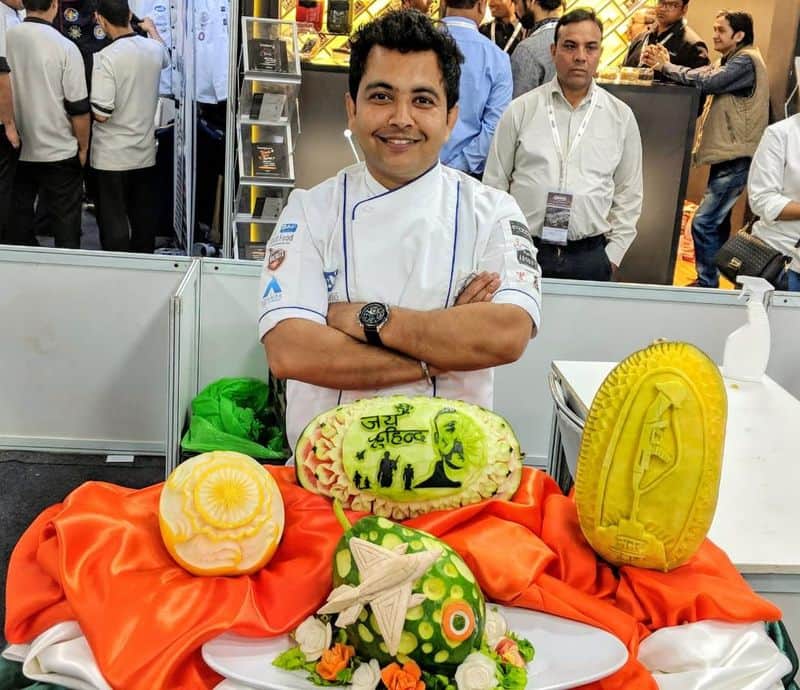 The chef's carving included a sketch of Wing Commander Abhinandan on watermelon, Amar Jawan Jyoti on pumpkin, MIG 21 on yam and highest honour of bravery- Ashok Chakra on honeydew melon.
