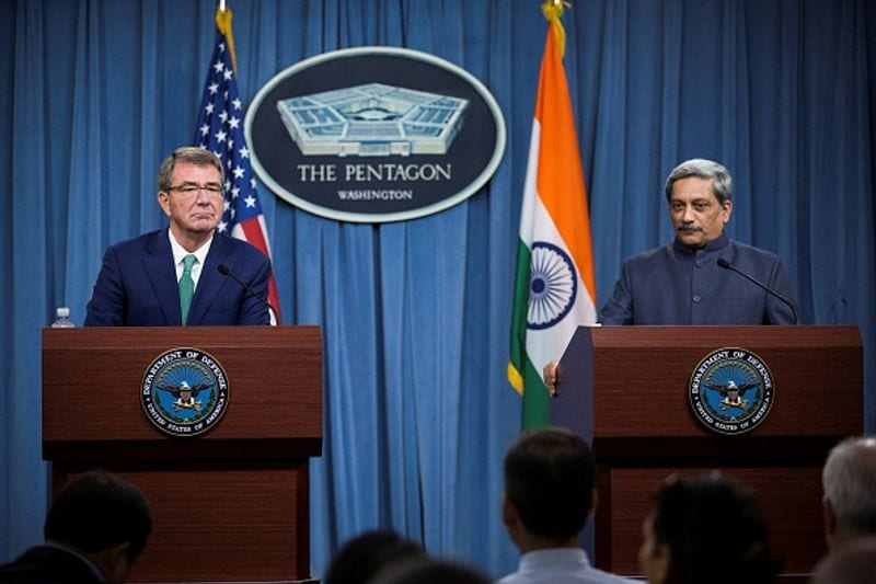 US Secretary of Defense Ashton Carter (L) and Manohar Parrikar (R) of India held a joint press conference at the Pentagon in Arlington, USA on August 29, 2016.