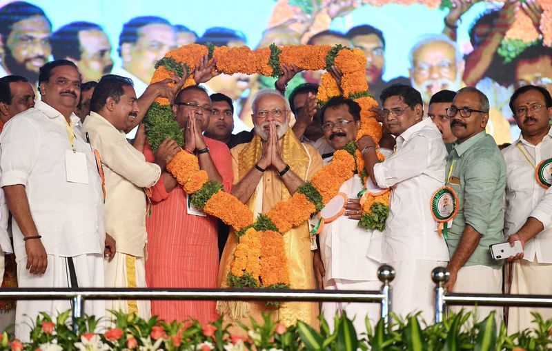 The state BJP leadership led by its chief BS Yeddyurappa and candidates of Bangalore South, Bangalore North, Bangalore Central, Bangalore Rural, Chikkaballapur and Kolar welcomed the Prime Minister.