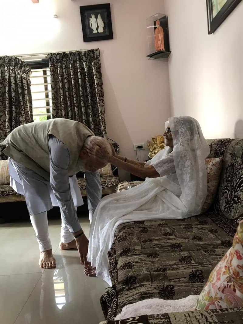 Prime Minister Narendra Modi sought the blessings of his mother on Tuesday before casting his vote during the third phase of the Lok Sabha elections.