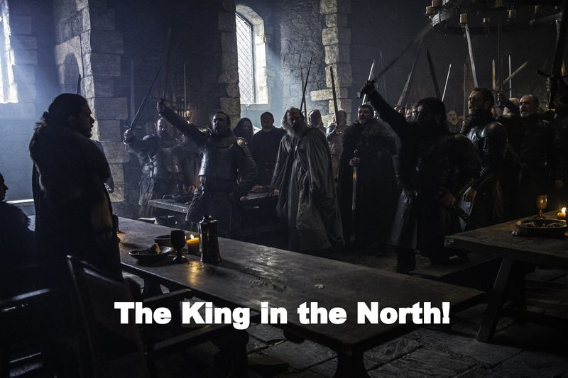 “The King in the North” – King in the North is ancient title held for thousands of years by House Stark of Winterfell. The phrase was used 88 times by the first men to encourage and grace their king.