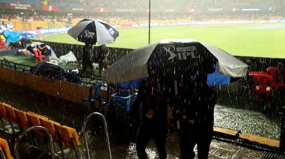 IPL 2024 Rain Interrupt RCB vs CSK match Chinnaswamy Stadium Bengaluru play stopped ckm