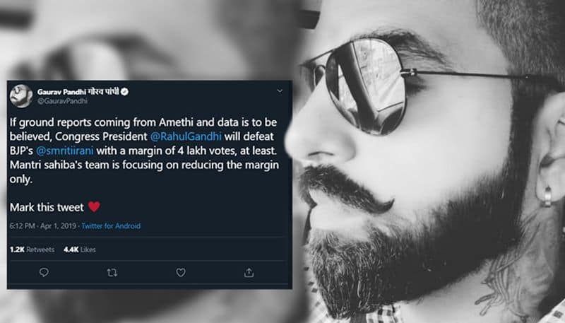 Gaurav Pandhi:  Pandhi calls himself a 'political strategist' but is an ardent follower of Indian National Congress. He had tweeted, "If ground reports coming from Amethi and data is to be believed, Congress president Rahul Gandhi will defeat BJP's Smriti Irani with a margin of 4 lakh votes, at least." But on 23rd, she has emerged as a giant-killer. In a history of sorts, Irani defeated Rahul Gandhi, a three-term MP from Amethi, in the Nehru-Gandhi family pocket borough