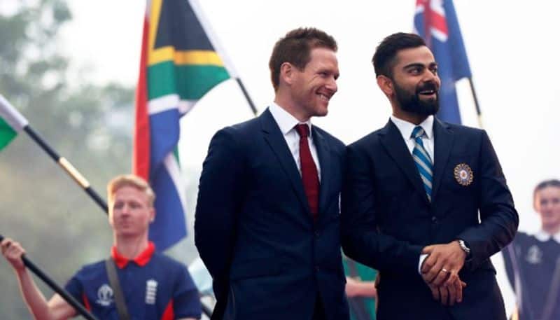 England captain Eoin Morgan and India skipper at the World Cup 2019 Opening Party