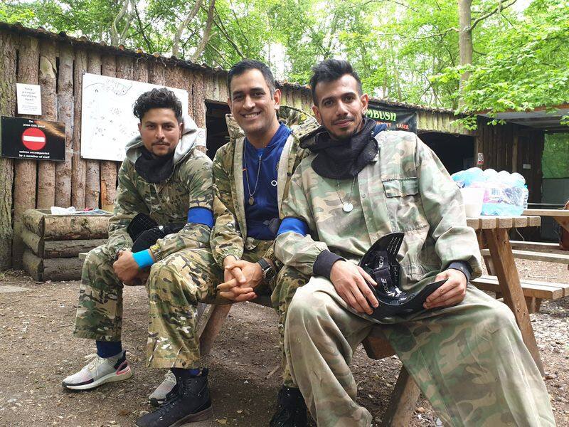 Kuldeep Yadav, MS Dhoni and Yuzvendra Chahal pose for a picture in the wood. The Indian players were involved in a game of paintball, according to reports.