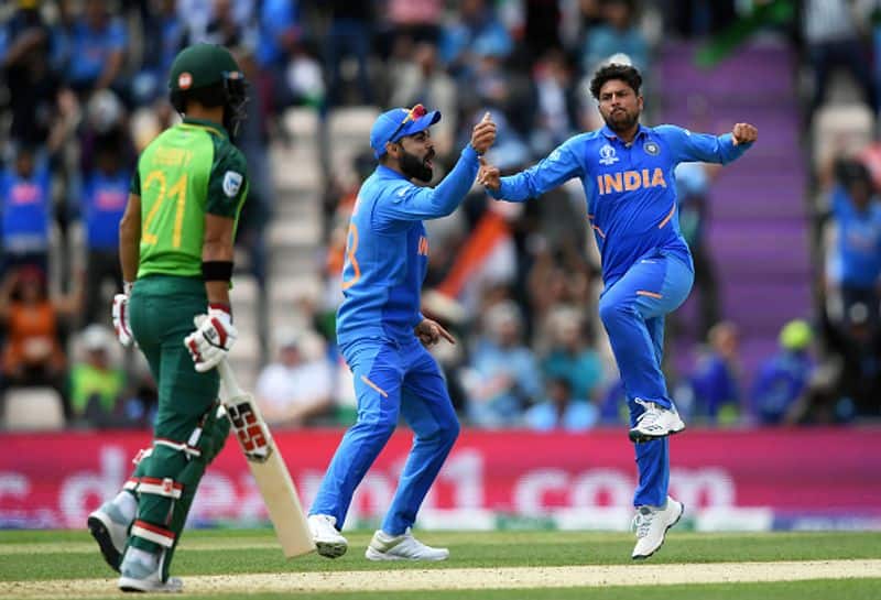 Kuldeep Yadav is ecstatic after taking the wicket of JP Duminy