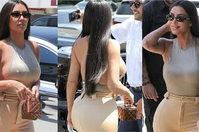 kim kardashian braless skin tight and nude bodysuit for lunch date