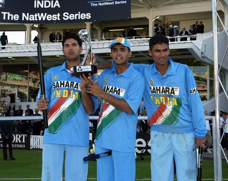 Yuvraj , Sourav Ganguly and Mohammad Kaif celebrate India's NatWest trophy title win in 2002