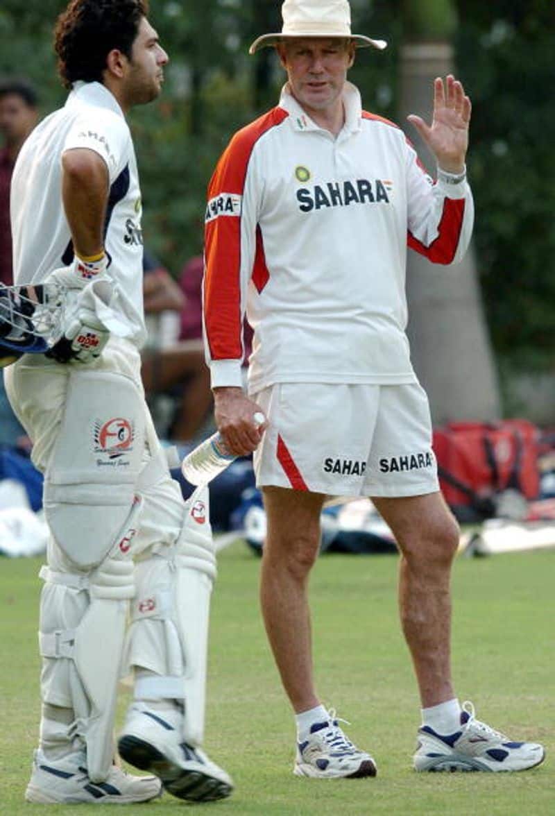 Yuvraj is pictured with India coach Greg Chappell in 2005