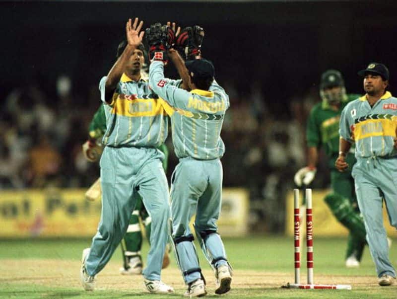 Venkatesh Prasad celebrates with Nayan Mongia after taking the wicket of Aamir Sohail during the 1996 World Cup quarter-final match between India and Pakistan played in Bangalore on March 9, 1996. This was after the infamous confrontation between Prasad and Sohail. India won by 39 runs