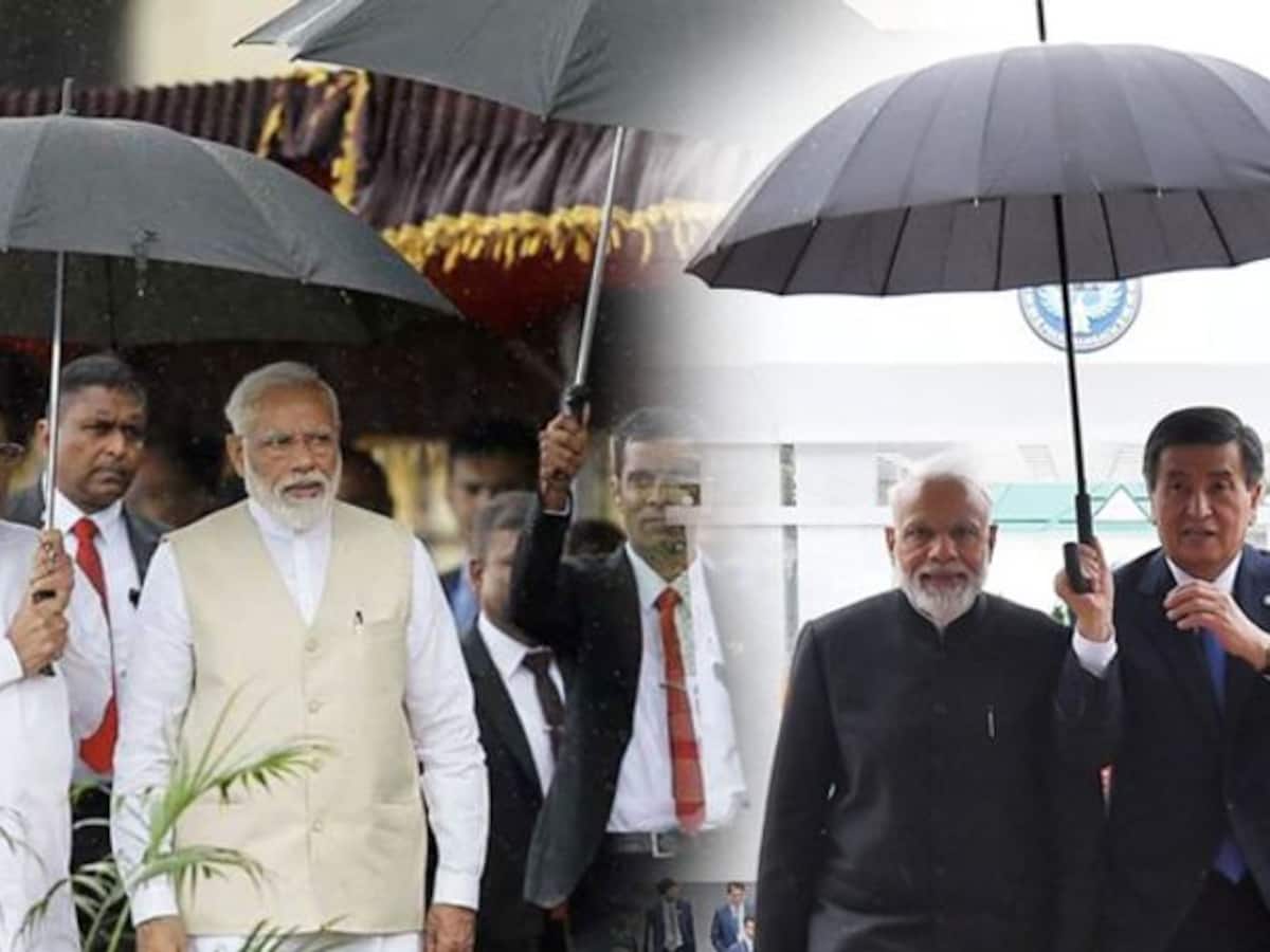 Narendra Modi Touched and Humbled As Presidents of Kyrgyzstan and Sri Lanka Hold  Umbrellas for Him; See Pics