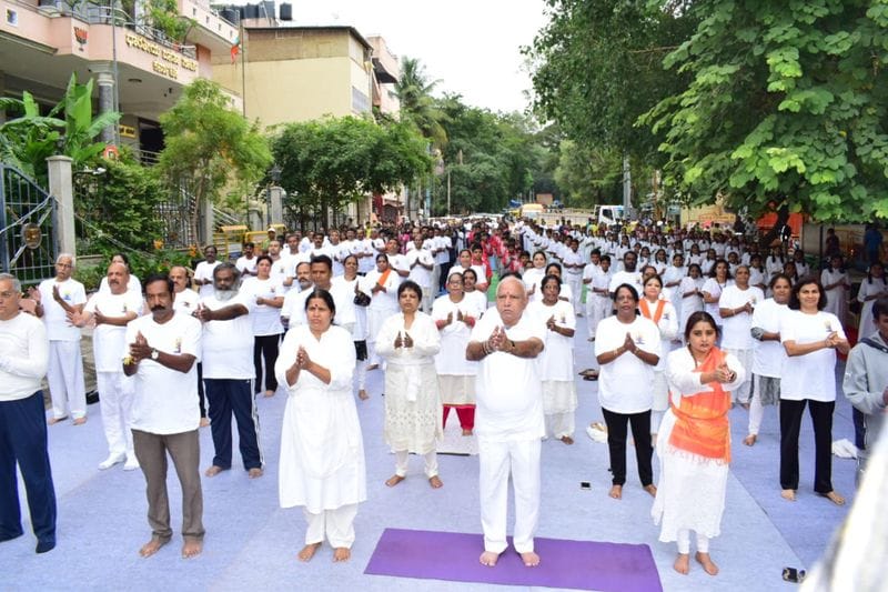 Karnataka BJP president BS Yeddyurappa and other leaders celebrate International Day of Yoga in Malleswaram, Bengaluru