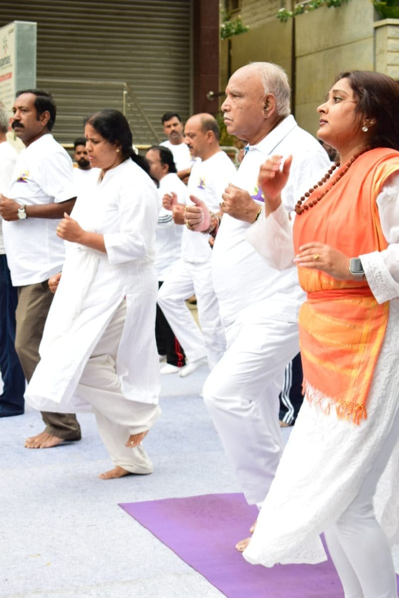 Karnataka BJP president BS Yeddyurappa and other leaders celebrate International Day of Yoga in Malleswaram, Bengaluru