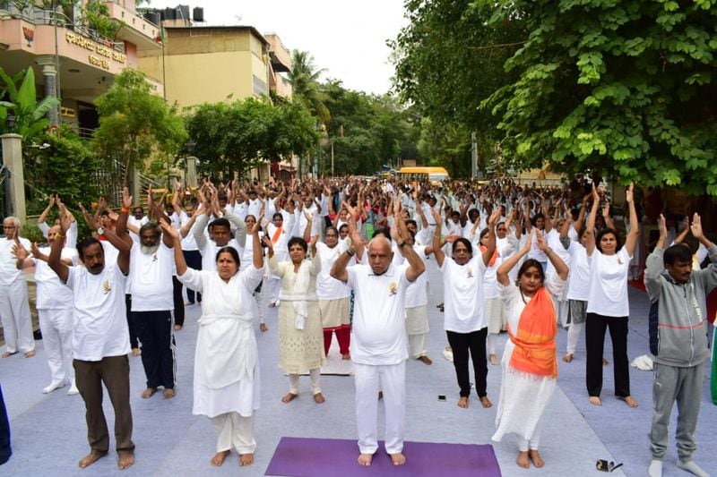 Karnataka BJP president BS Yeddyurappa and other leaders celebrate International Day of Yoga in Malleswaram, Bengaluru