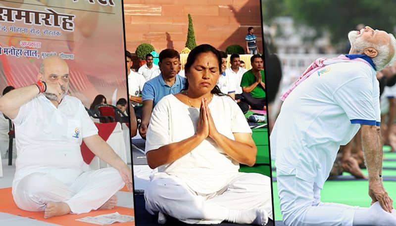 Today (June 21), before starting with the yoga asanas, PM Modi addressed the nation on the occasion of the 5th International Day of Yoga and said that yoga is above all and unites people irrespective of religion, caste, creed and society. Union ministers Amit Shah, Rajnath Singh, Smriti Irani and others also held different Yoga Day events in Delhi and other cities at the same time as PM Modi was performing in Ranchi. Take a look at the pictures