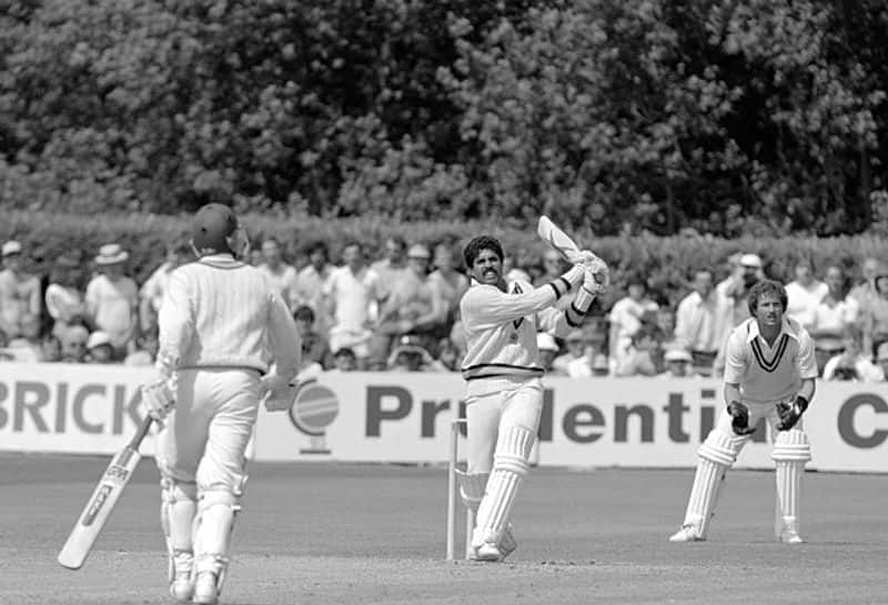 Kapil Dev is pictured during his historic 175 at the World Cup against Zimbabwe at Tunbridge Wells on June 18, 1983