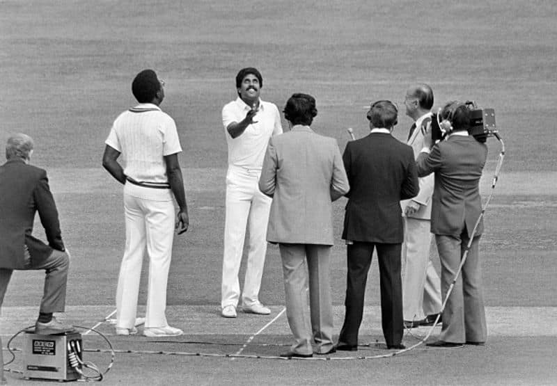 The picture from the 1983 World Cup final toss at Lord's. West Indies captain Clive Lloyd won the toss and chose to field first