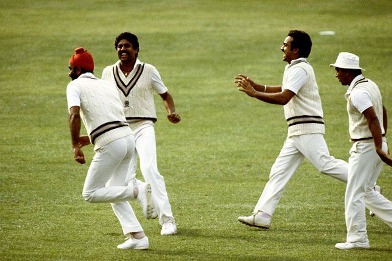 Indian players celebrate defeating West Indies in the 1983 World Cup final