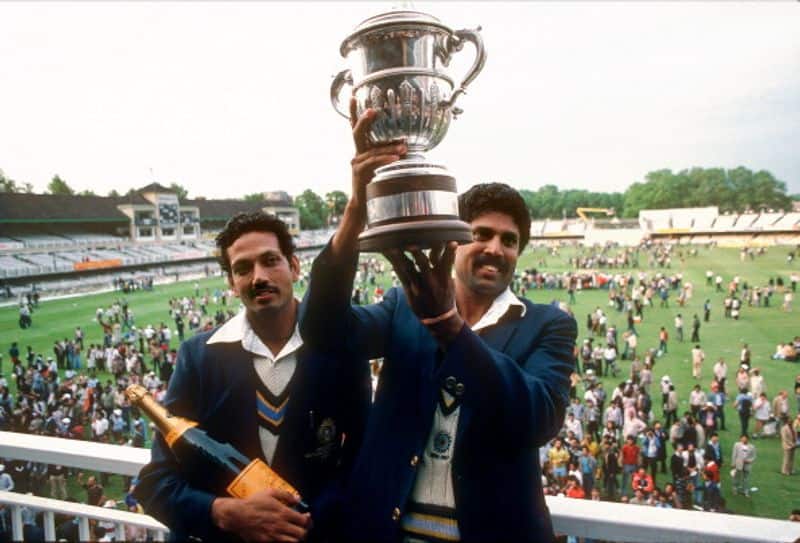 Amarnath and Kapil with the World Cup trophy
