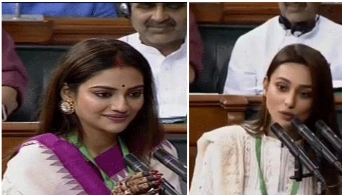 TMC MPs Nusrat Jahan, Mimi Chakraborty take oath as Lok Sabha members TMC MPs Nusrat Jahan, Mimi Chakraborty take oath as Lok Sabha members
