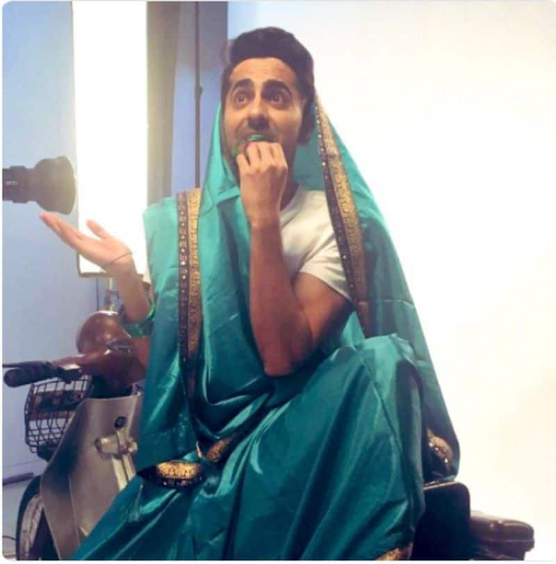 Speaking of Vicky Donor, Vicky (Ayushmann Khurrana) took to Twitter to post a picture of him in a saree. While seated on a scooter in the picture, the actor looks like he is surprised at the sight of something. The highlight of it all are the green bangles that he has worn to match with the saree.