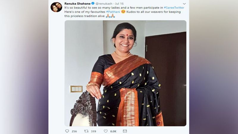 रेणुका ने शहाणे ने भी साड़ी में फोटो ट्वीट करते हुए लिखा- महिलाओं को साड़ी फोटो शेयर करते हुए देखना अच्छा लग रहा है। हमारे बुनकर हमें यह साड़ियां बनाकर देते हैं, जिसका कोई मोल नहीं हो सकता।