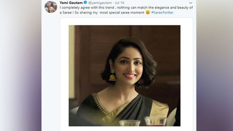 एक्ट्रेस यामी गौतम ने सारी फोटो ट्विट करते हुए लिखा- मैं इस ट्रेड से सहमत हूं। साड़ी में खूबसूरती का कोई तोड़ नहीं है।
