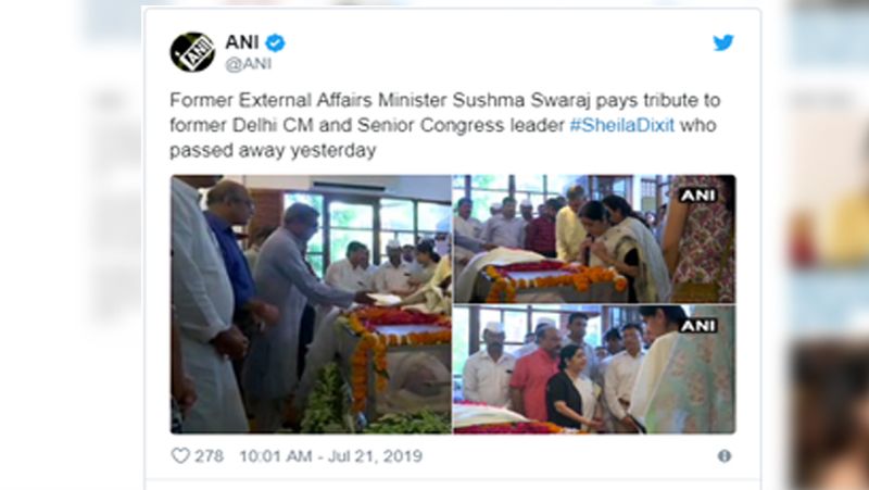 पूर्व विदेश मंत्री सुषमा स्वराज ने शीला दीक्षित को श्रद्धांजलि दी।
