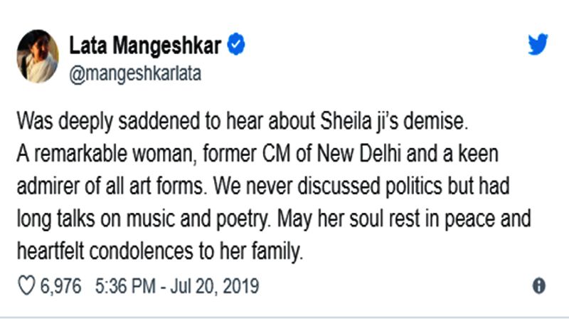 संगीतकार लता मंगेशकर ने ट्विटर पर लिखा, "शीला जी के बारे में सुनकर बहुत दुख हुआ, दिल्ली की पूर्व सीएम और कला के रूप में वे एक महान महिला थीं। हमने कभी राजनीति के मुद्दों पर बात नहीं की लेकिन संगीत और कविताओं पर काफी बात की है। भगवान उनकी आत्मा को शांति दे, परिवार वालों के प्रति मेरी संवेदनाएं।"