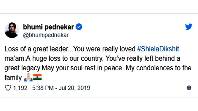 भूमि पेडनेकर ने लिखा, "हमने अपना नेता खो दिया। शीला दीक्षित वास्तविकता में काफी अच्छी नेता थीं। भगवान उनकी आत्मा को शांति दे। उनके परिवार को मेरी संवेदनाएं।"