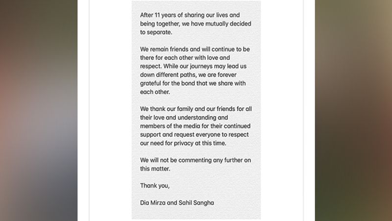 Actress Dia Mirza And husband Sahil Sangha Social Note for Sepretion After 11 years