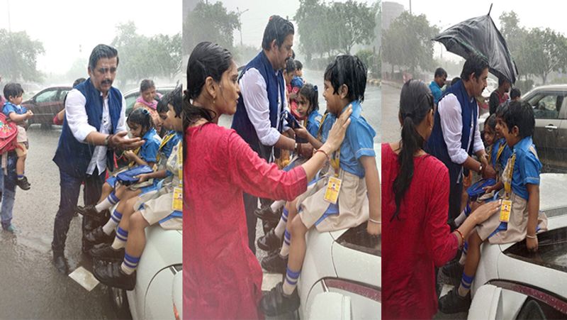 Ravi kishan Emotional helps to school children stuck in rain photos viral