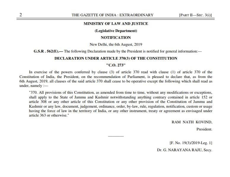 President Ram Nath Kovind notifies the Article 370 gazette, revoking the special status to Jammu and Kashmir